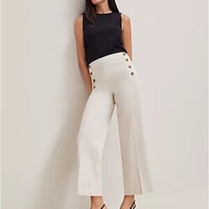 Ann Taylor Cream High-Waist Wide-Leg Button Detail Pants Petite